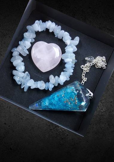 Rose Quartz Heart ,Aquamarine Chip Bracelet and Blue Onyx Pendulum Gift Set